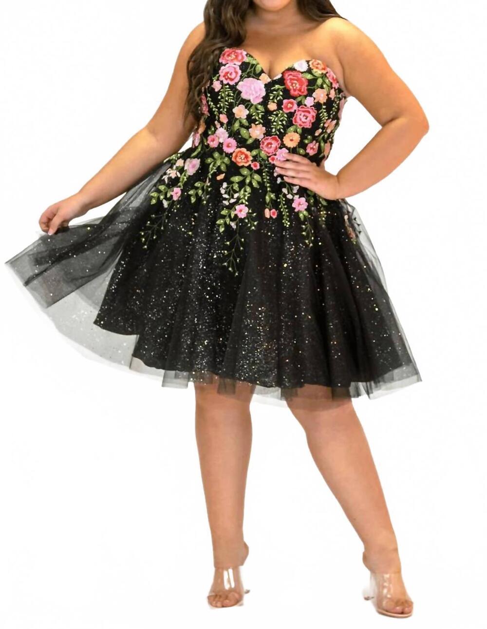 NEW SYDNEY'S CLOSET strapless embroidered short party dress in black floral